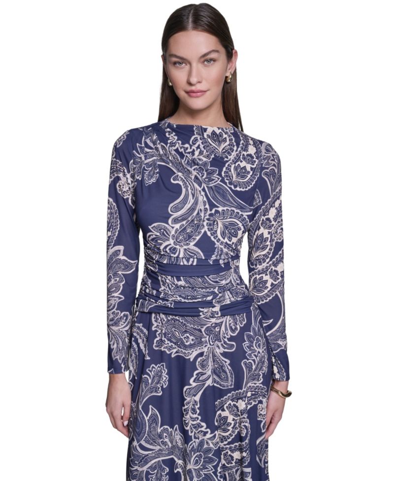 Women's Long-Sleeve Paisley-Print A-Line Midi Dress