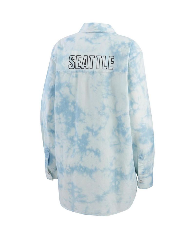Women's White Seattle Kraken Oversized Tie-Dye Button-Up Denim Shirt