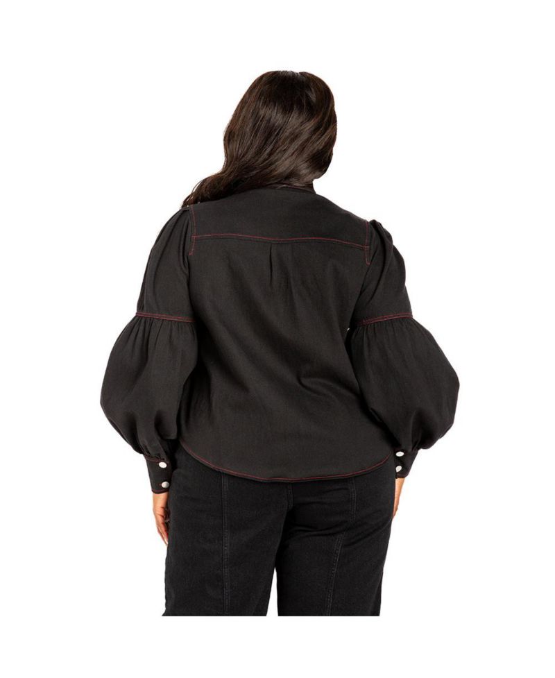 Women's Plus Size Bow Neck Puff Sleeve Denim Blouse