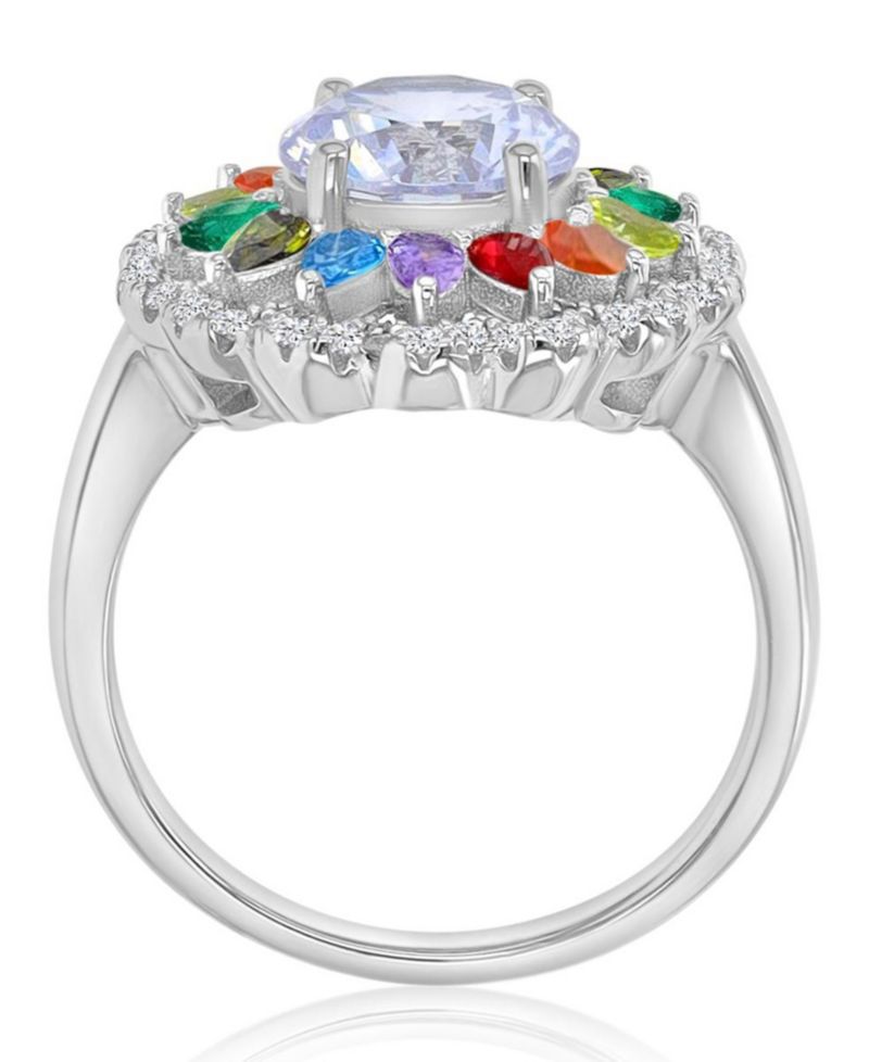 Multicolor Cubic Zirconia Large Flower Ring in Rhodium Over Sterling Silver