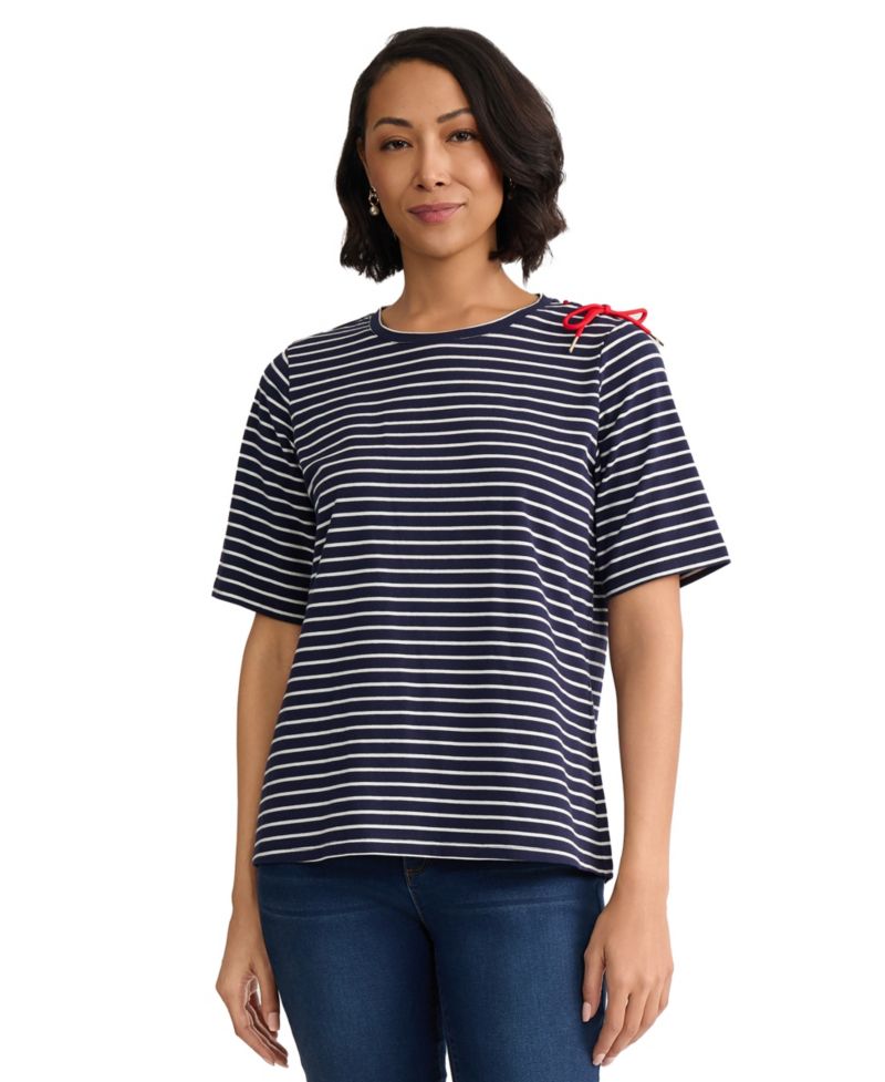 Women's Short Sleeve Striped Shoulder Tie Detail Top