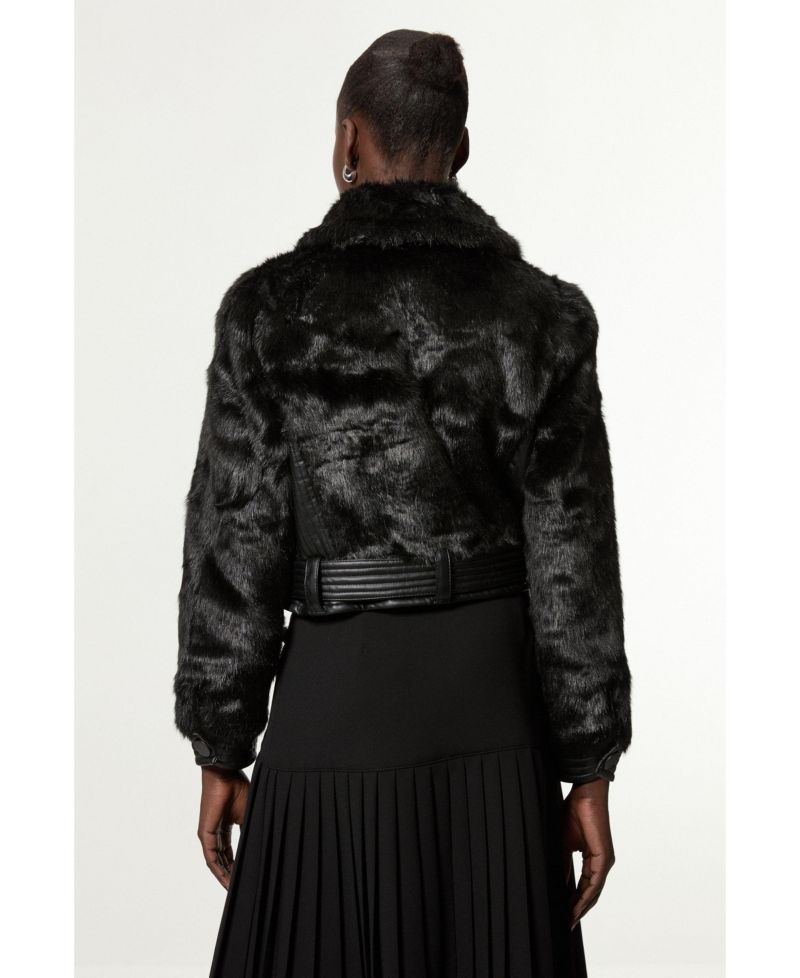 Women's Faux Fur Pu Panel Belted Cropped Jacket