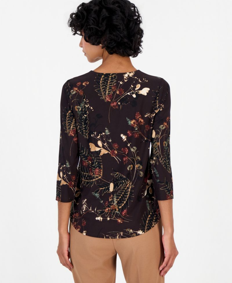 Petite 3/4-Sleeve Floral-Print Keyhole Top