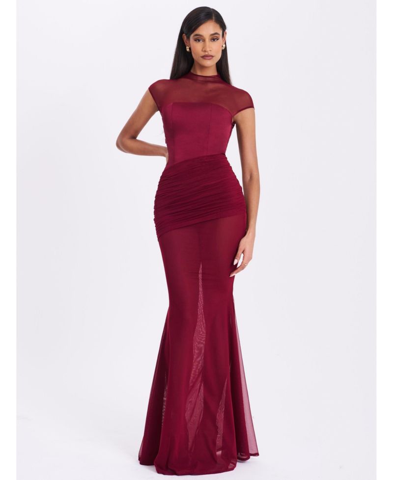 Women's Fabienne Burgundy Mesh Cap Sleeve Mermaid Gown