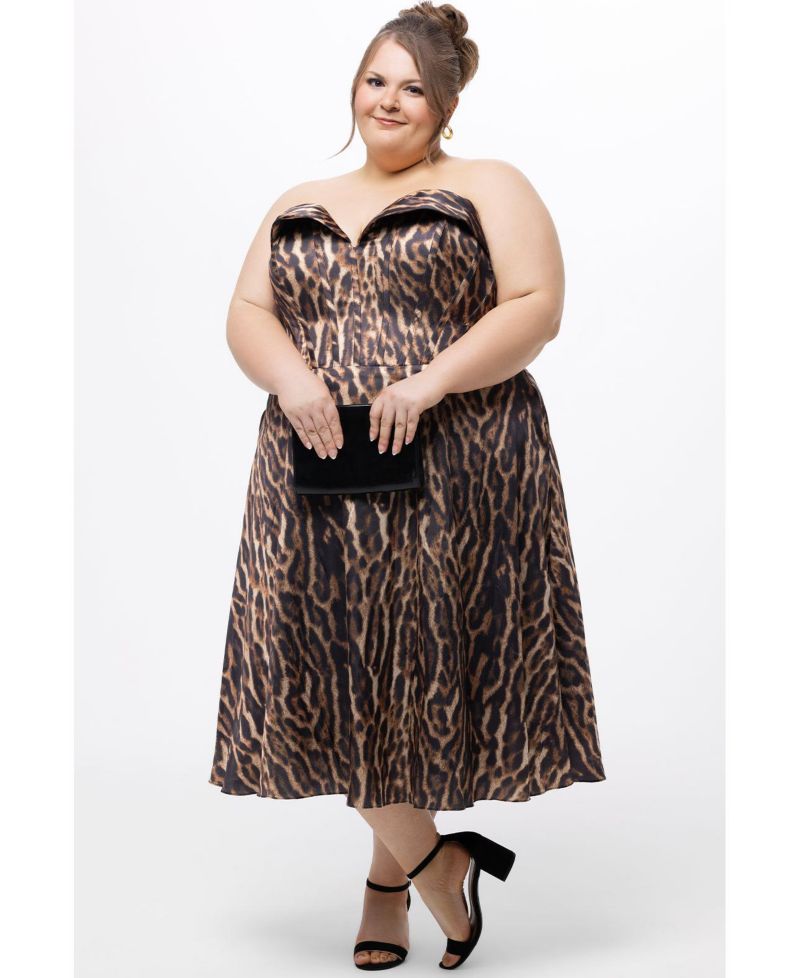Women's Strapless Animal Print Tea Length Dress