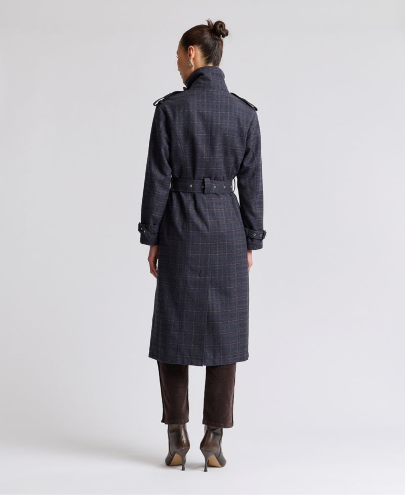 Women's Plaid Funnel Neck Belted Trench Coat