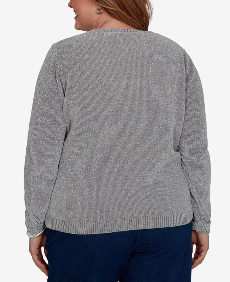 Plus Size Embroidered Floral Textured Chenille Sweater