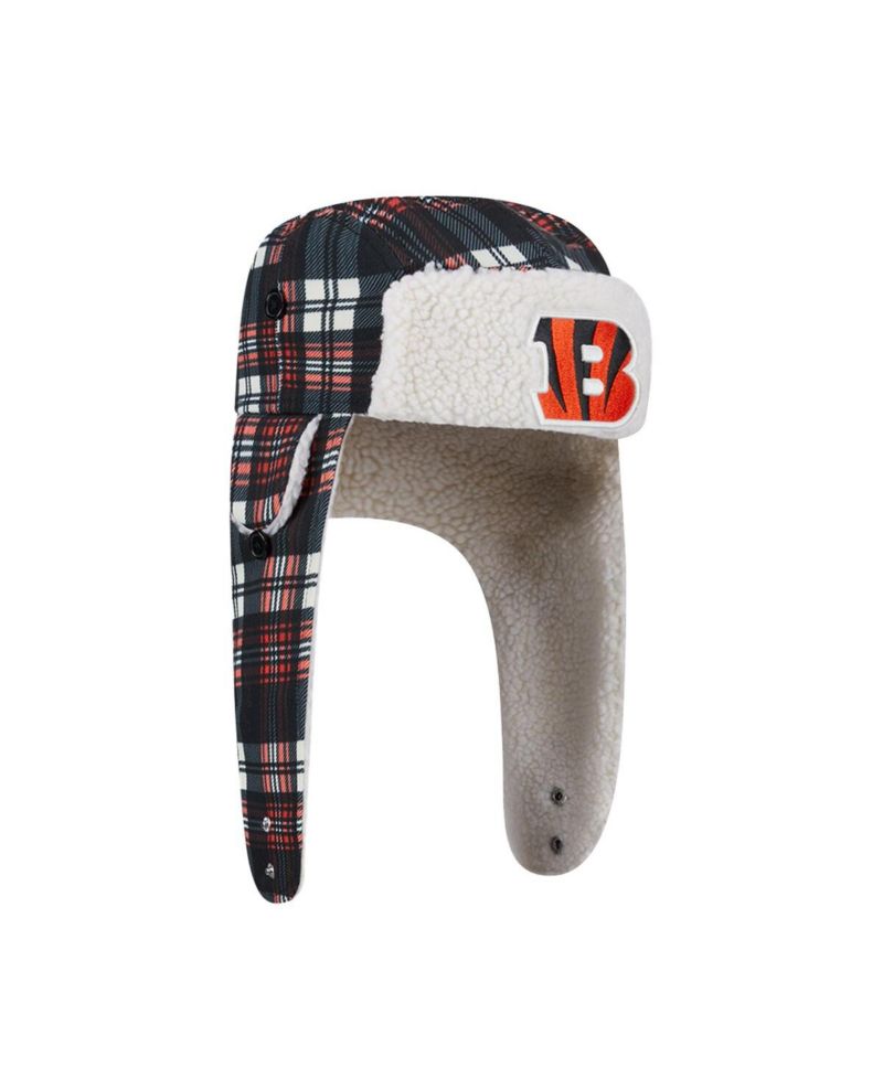 Black Cincinnati Bengals Sideline Plaid Sherpa Trapper Hat