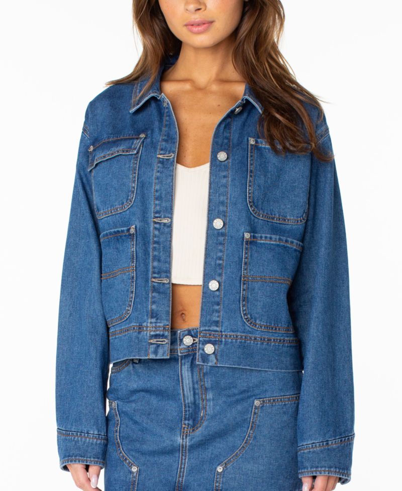 Women's Reel Life Cropped Oversized-Pocket Denim Jacket