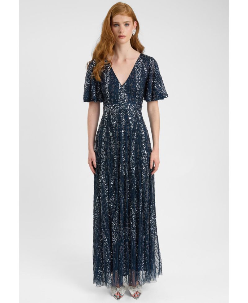 Women's Embellished Sequin Beaded Maxi Dress With Flutter Sleeve