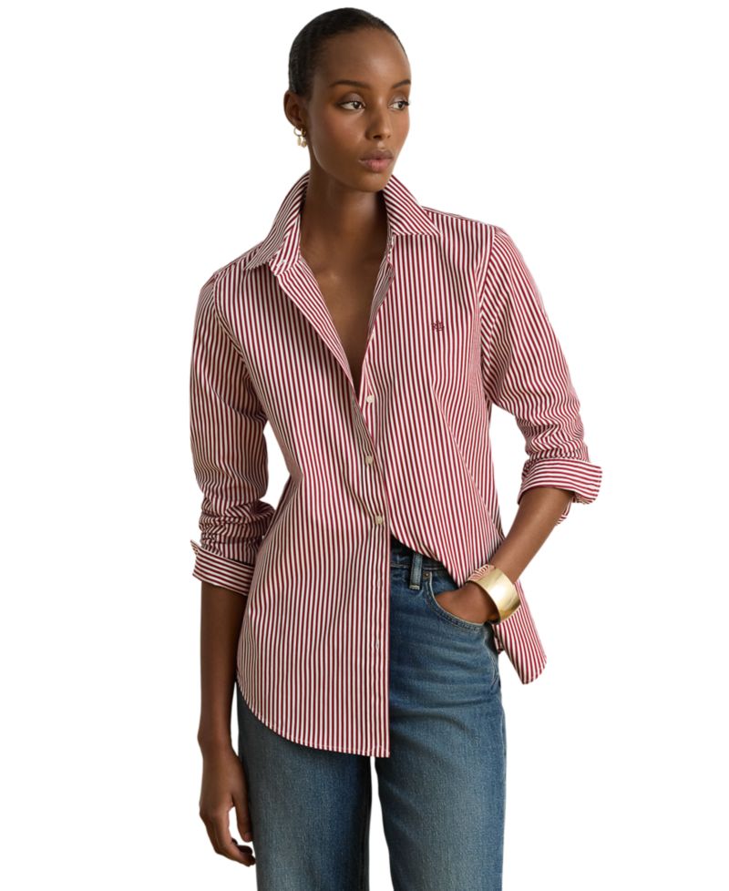 Petite Striped Long-Sleeve Point-Collar Shirt