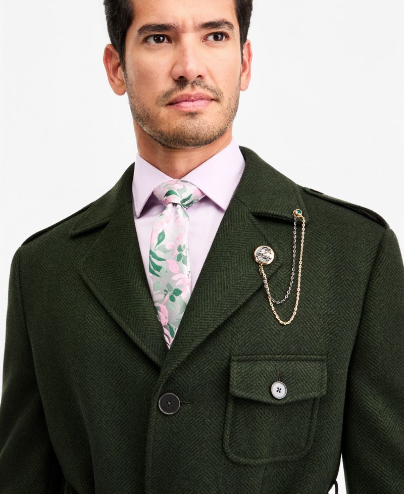 Men's Classic-Fit Green Herringbone Overcoat