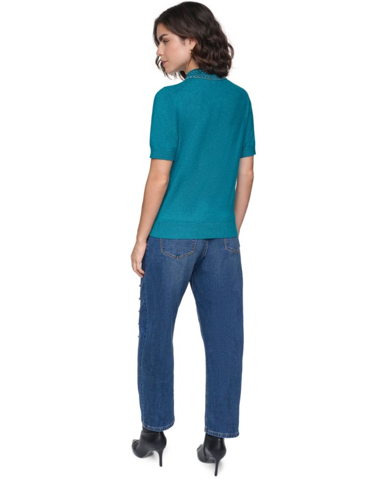 Petite Key Item Short-Sleeve Embellished-Collar Polo Shirt