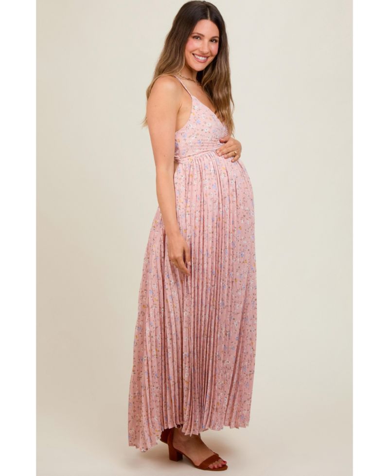 Women's Light Pink Floral Pleated Back Cutout Maxi Dress