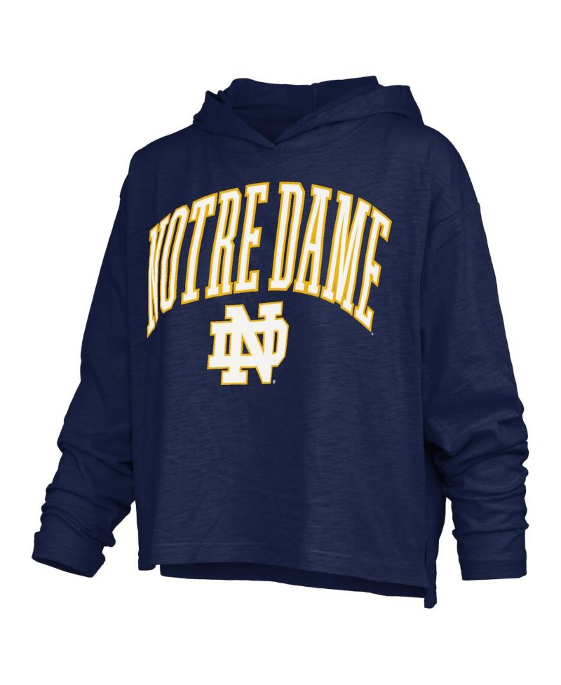 Women's Navy Notre Dame Fighting Irish Nelson Arch Over Logo Long Sleeve Hooded Slub T-Shirt