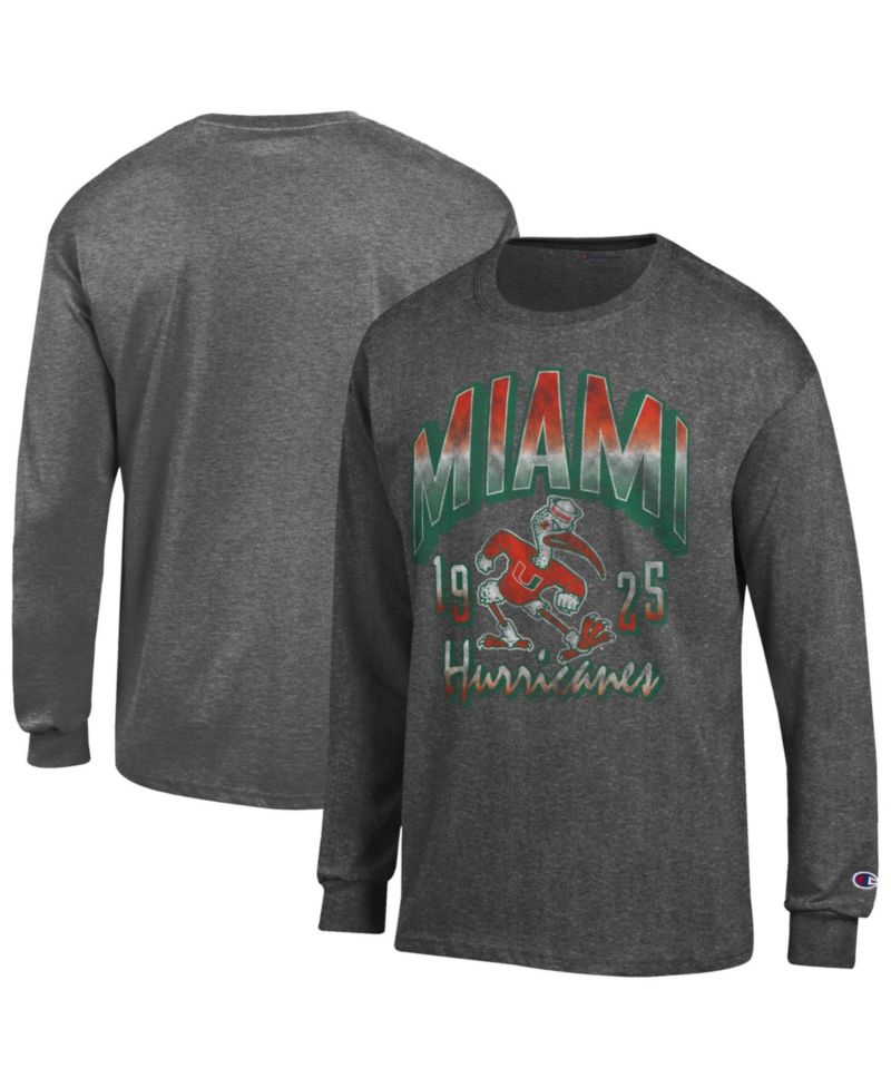 Men's Miami Hurricanes Bold Distressed Crewneck Long-Sleeve T-Shirt