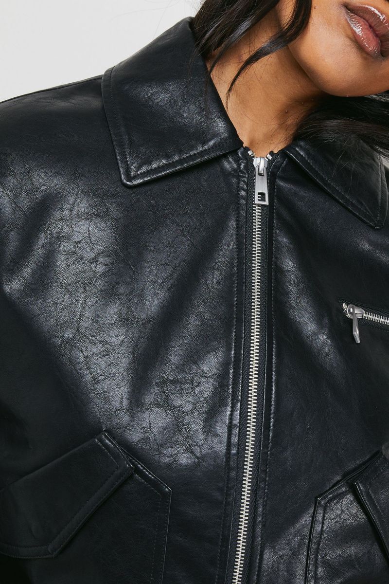 Women's Faux Leather Distressed Bomber Jacket