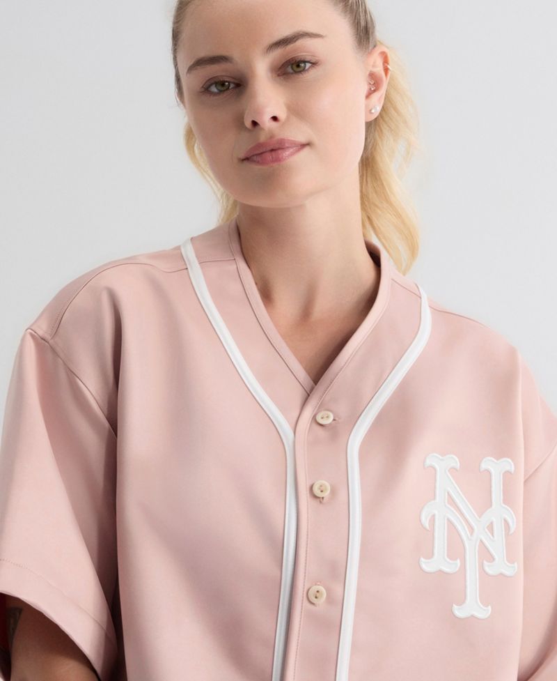 Women's New York Mets Boxy Cropped Satin Baseball Top