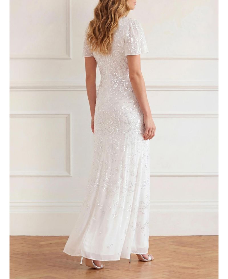 Women's Freya Georgette Sequin Flutter-Sleeve Maxi Gown