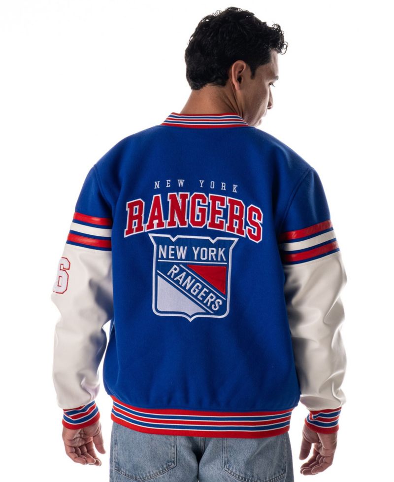 Men's and Women's Blue New York Rangers Drop Shoulder Full-Snap Varsity Jacket