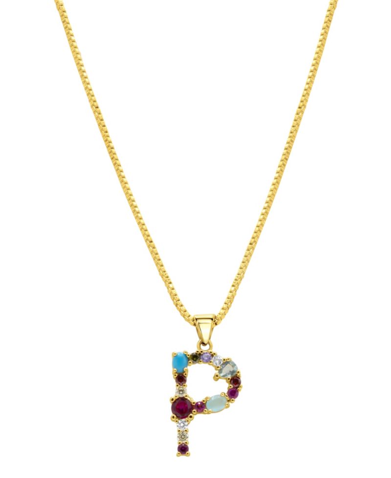 14K Gold-Plated Multi Color Stone Initial Necklace