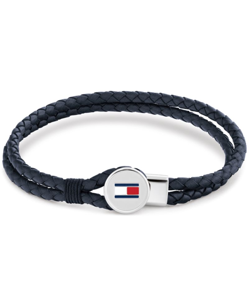 Men's Blue Leather with Stainless Steel Braided Bracelet