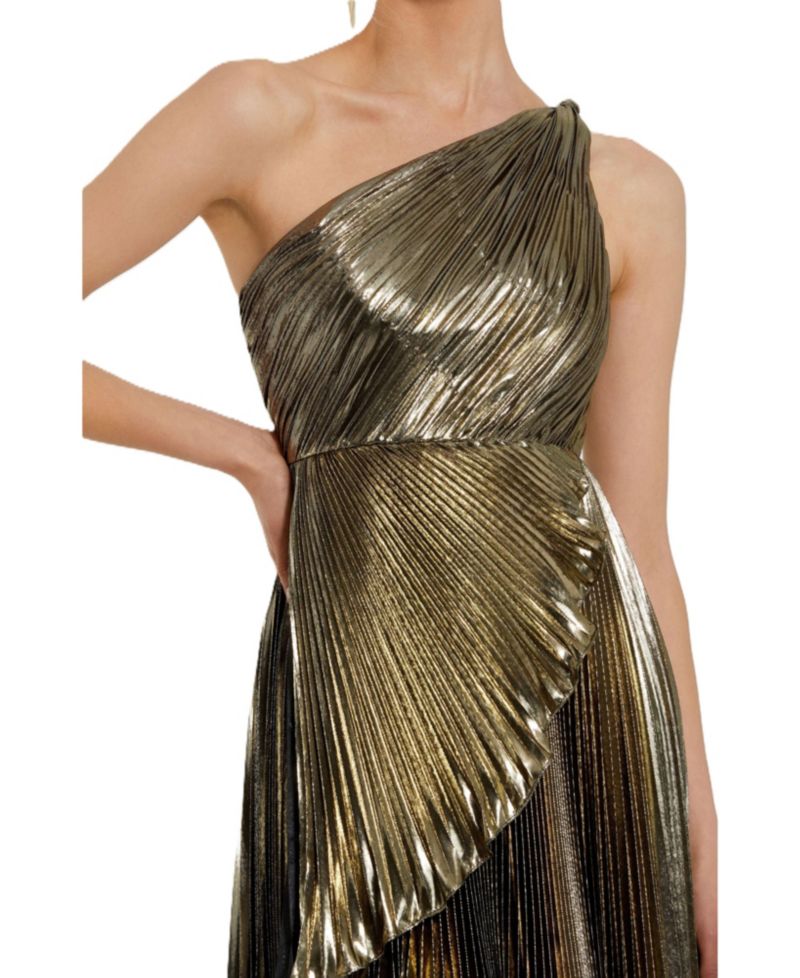 Women's Pleated Metallic One Shoulder High Low Gown
