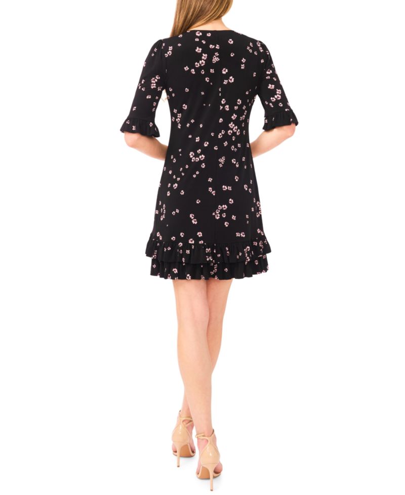 Women's 3/4-Length-Sleeve Ruffle Hem V-Neck Dress