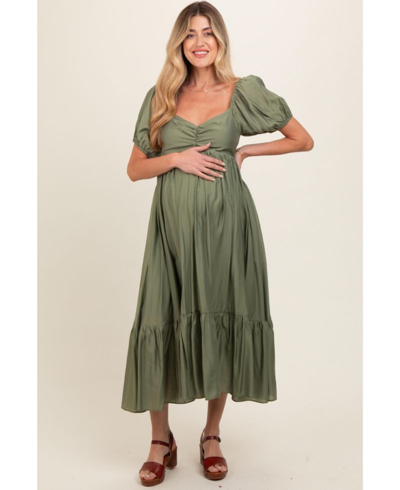 Women's Olive Ruched Sweetheart Neck Tiered Midi Dress