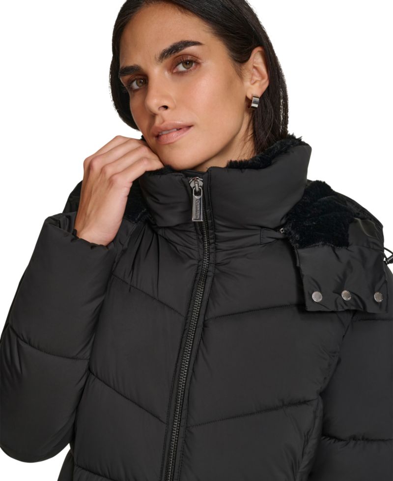 Women's Hooded Faux-Fur-Lined Midi Puffer Coat