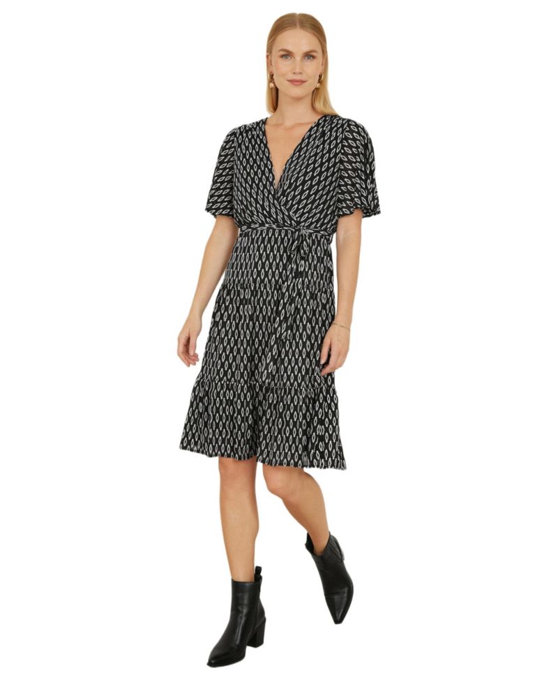 Women's Short Sleeve Tie Waist Midi Skater Dress