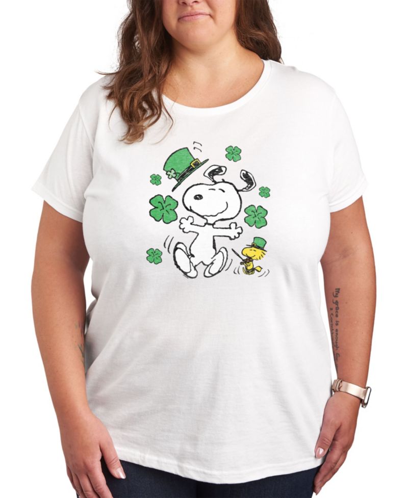 Air Waves Trendy Plus Size Peanuts Snoopy & Woodstock Patrick's Day Graphic T-shirt