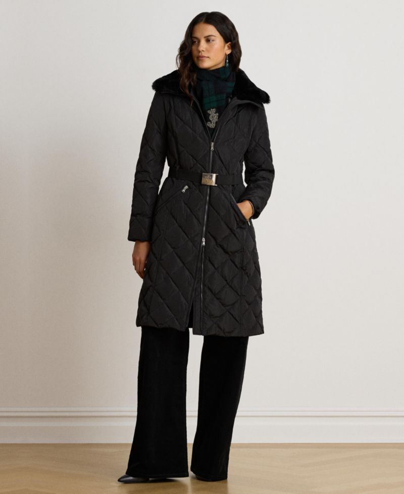 Women's Belted Quilt with Faux Fur Collar Coat