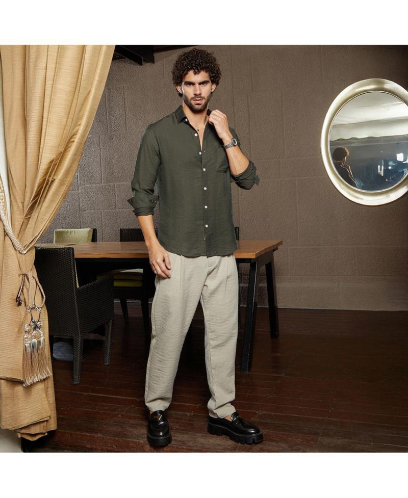 Men's Olive Green Breezy Wrinked Relaxed Shirt