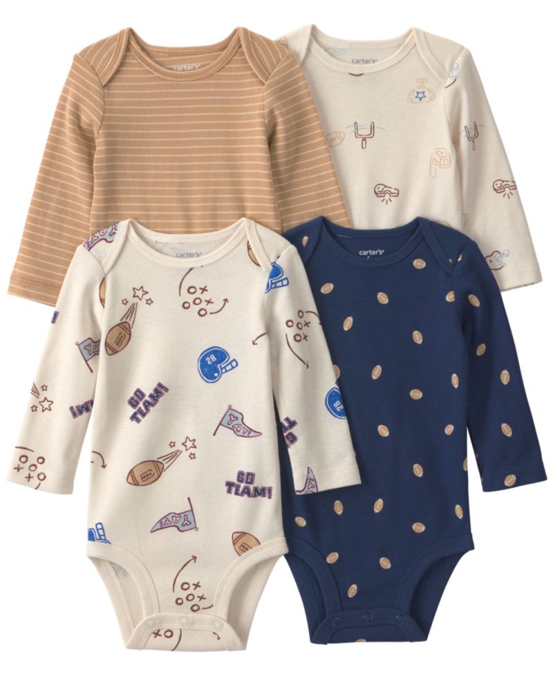 Baby Boys' Football Round Neck Bodysuits, 4-Pack
