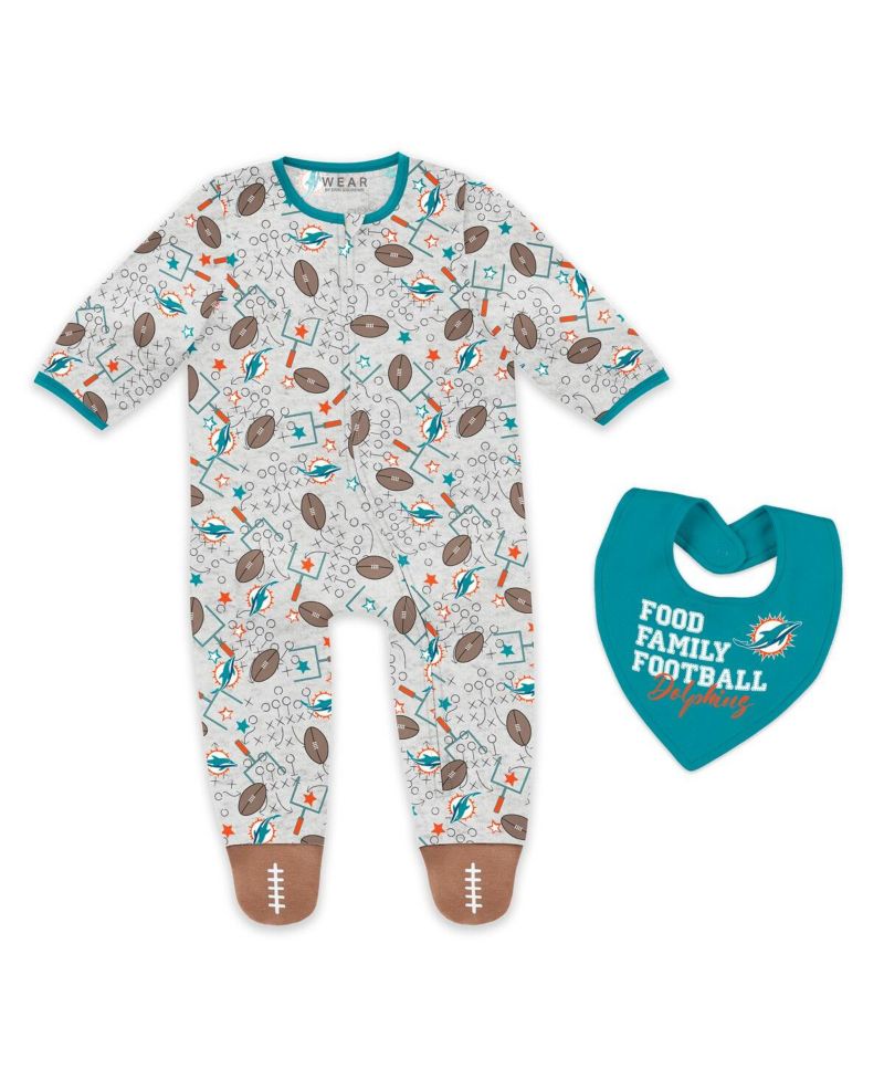 Baby Boys and Girls Newborn 2-Piece Miami Dolphins Sleep and Play Full-Zip Sleeper Bib Set