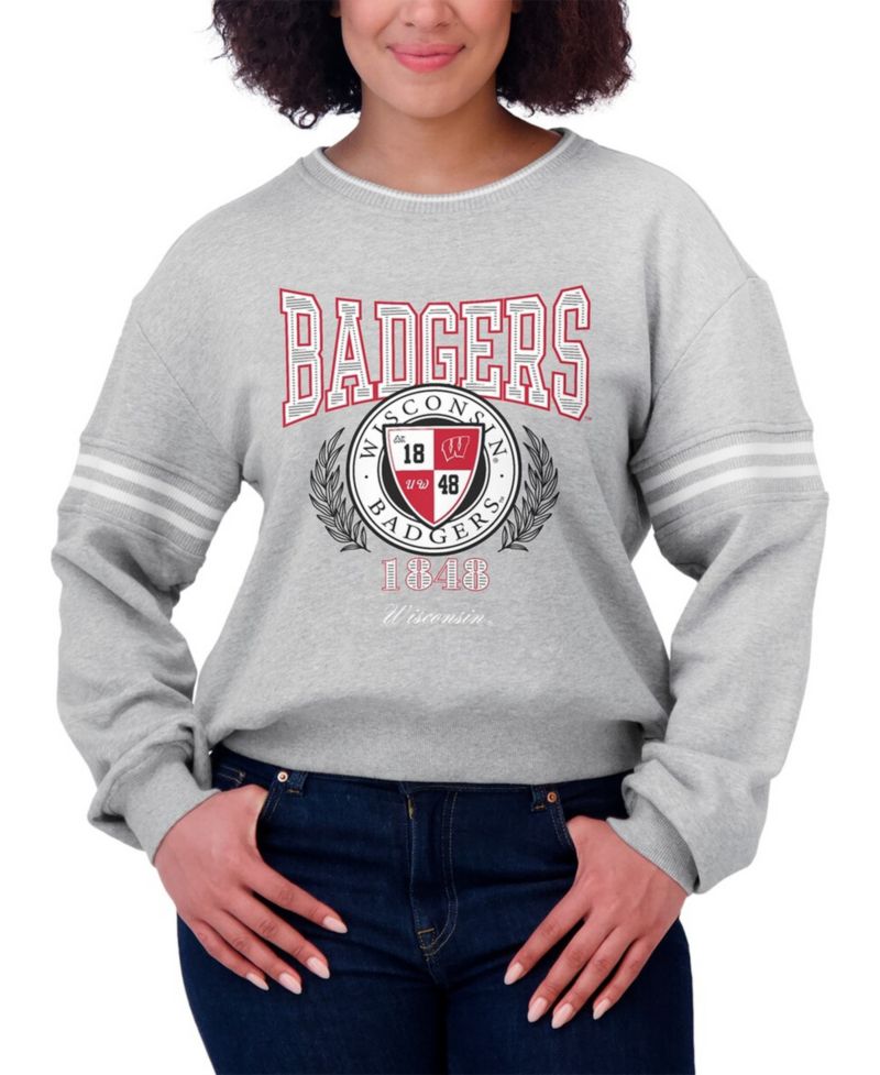 Women's Heather Gray Wisconsin Badgers Classic Stripe Pullover Sweater