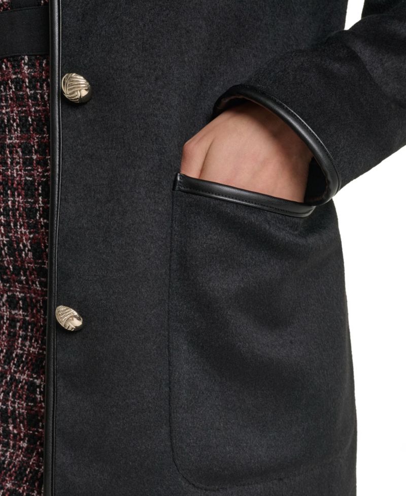 Women's Wool-Blend Faux-Leather Trimmed Funnel Neck Long Coat