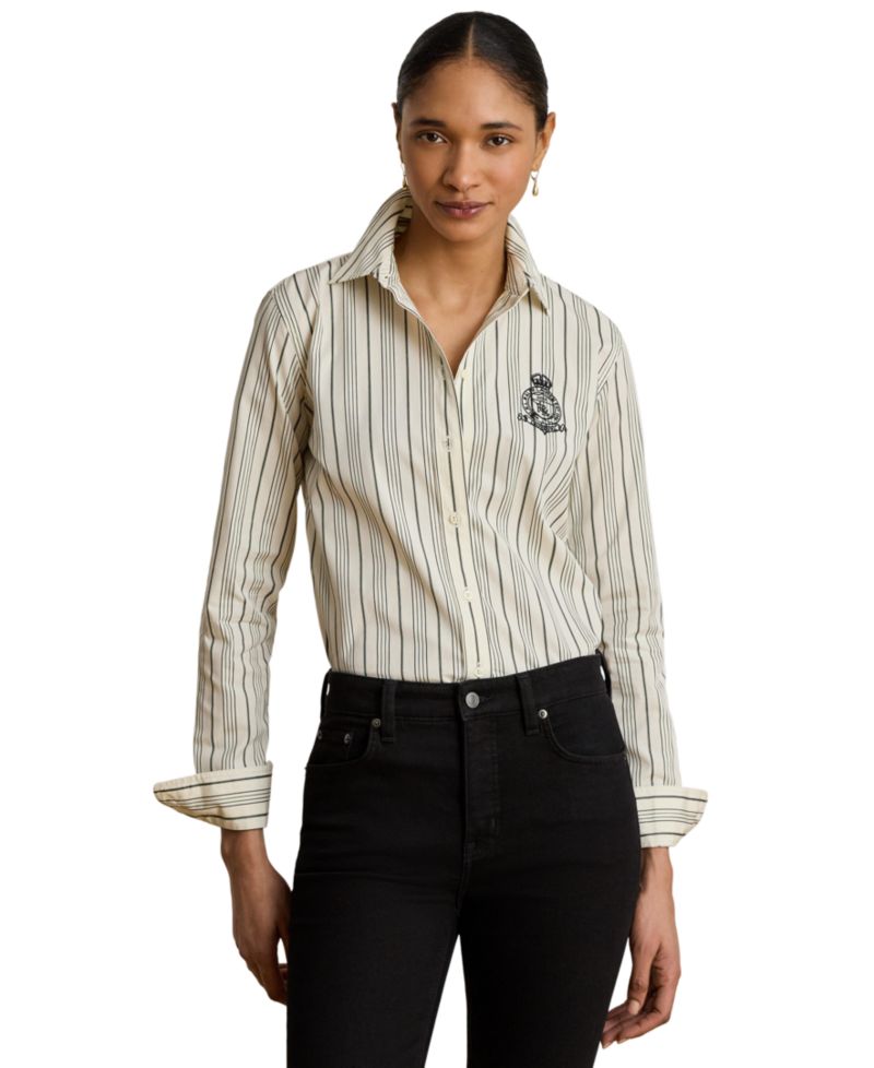 Petite Striped Collared Crest-Embroidered Shirt