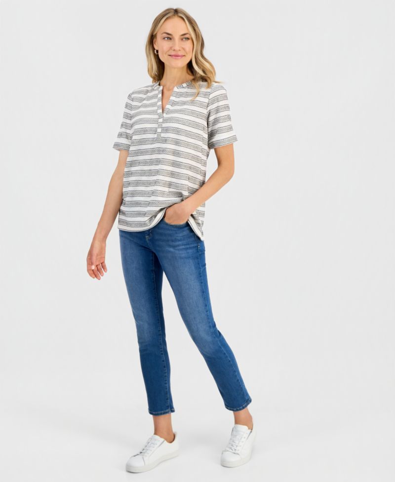 Petite Striped Split-Neck Short-Sleeve Top