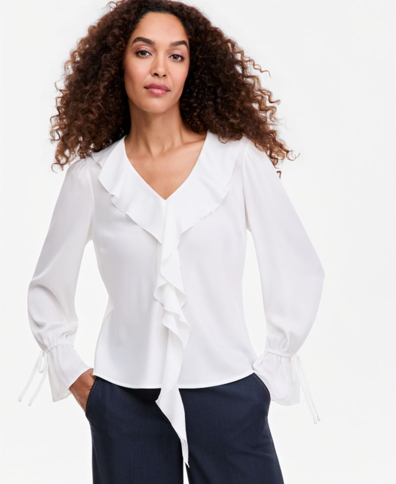 Women's V-Neck Long-Sleeve Ruffle Blouse