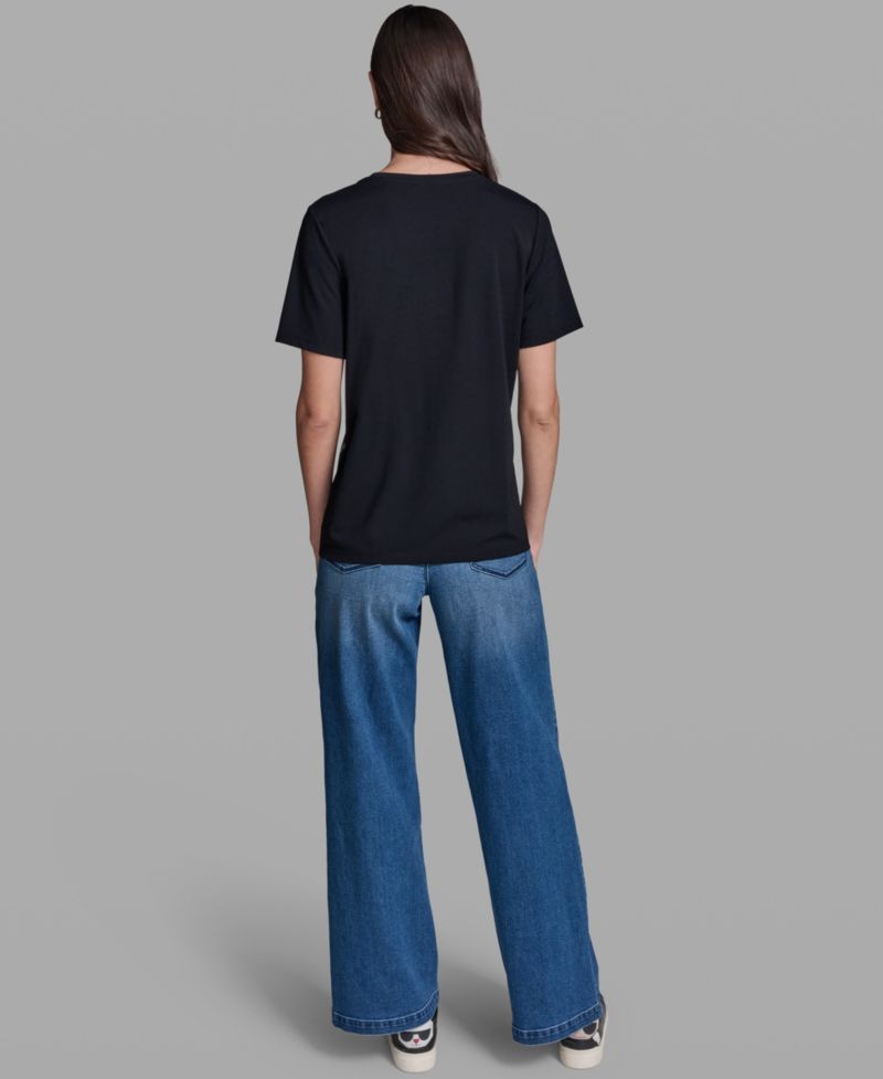 Women's Short-Sleeve Mix-Media Printed Knit Top