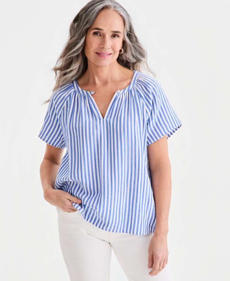 Petite Slit V-Neck Raglan-Sleeve Cotton Top