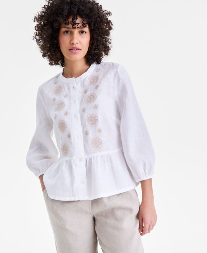 Women's 100% Linen Embroidered-Front Peplum Top