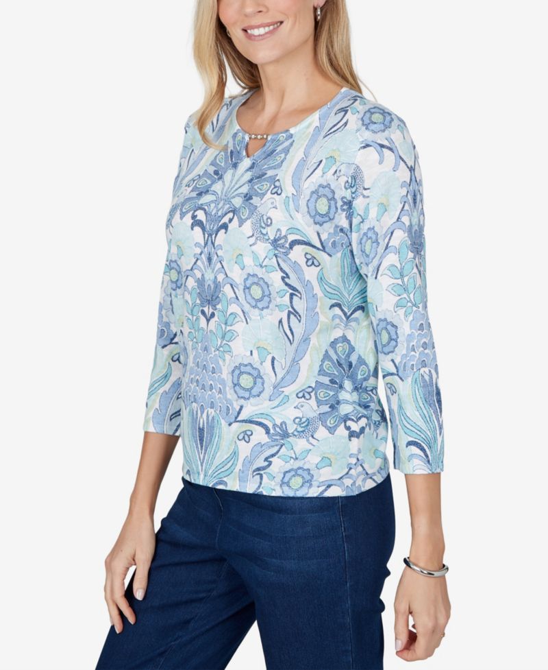 Petite 3/4-Sleeve Floral Pullover Sweater
