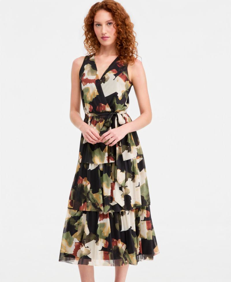 Petite Faux-Wrap Tiered Dress