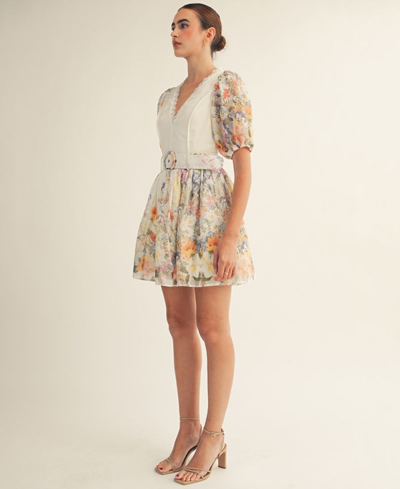 Women's Floral Garden Border Print Belted Mini Dress