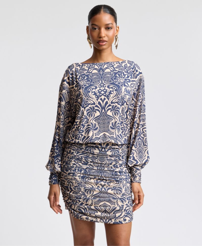 Women's Boat Neck Ruched Printed Mini Dress