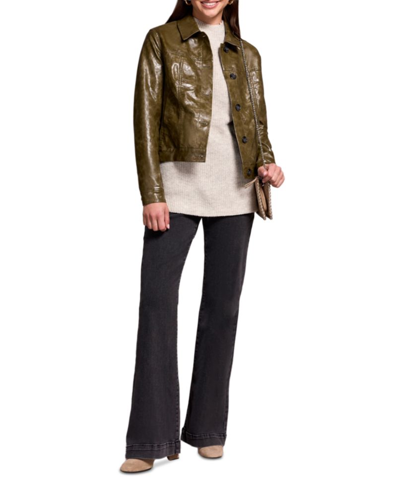 Women's Faux Leather Button-Front Collar-Accent Jacket
