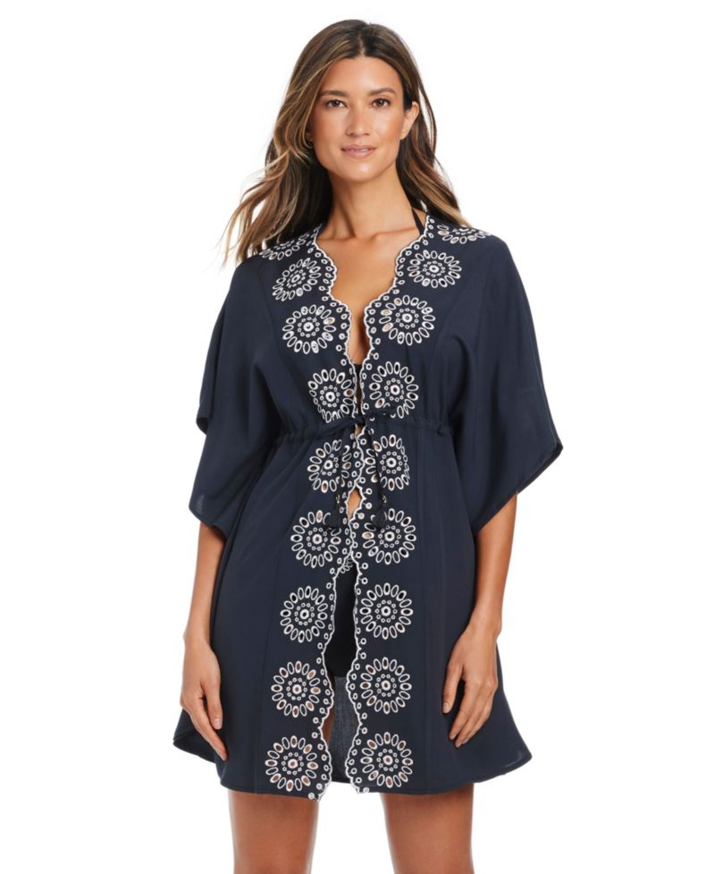 Women's Eyelet Open-Front Swim Cover-Up Caftan